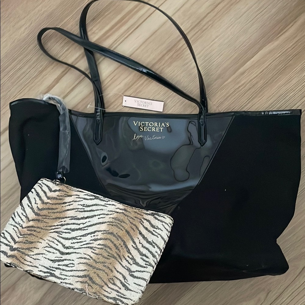 Victoria's Secret Black Tote Bag with Zebra Print Pouch